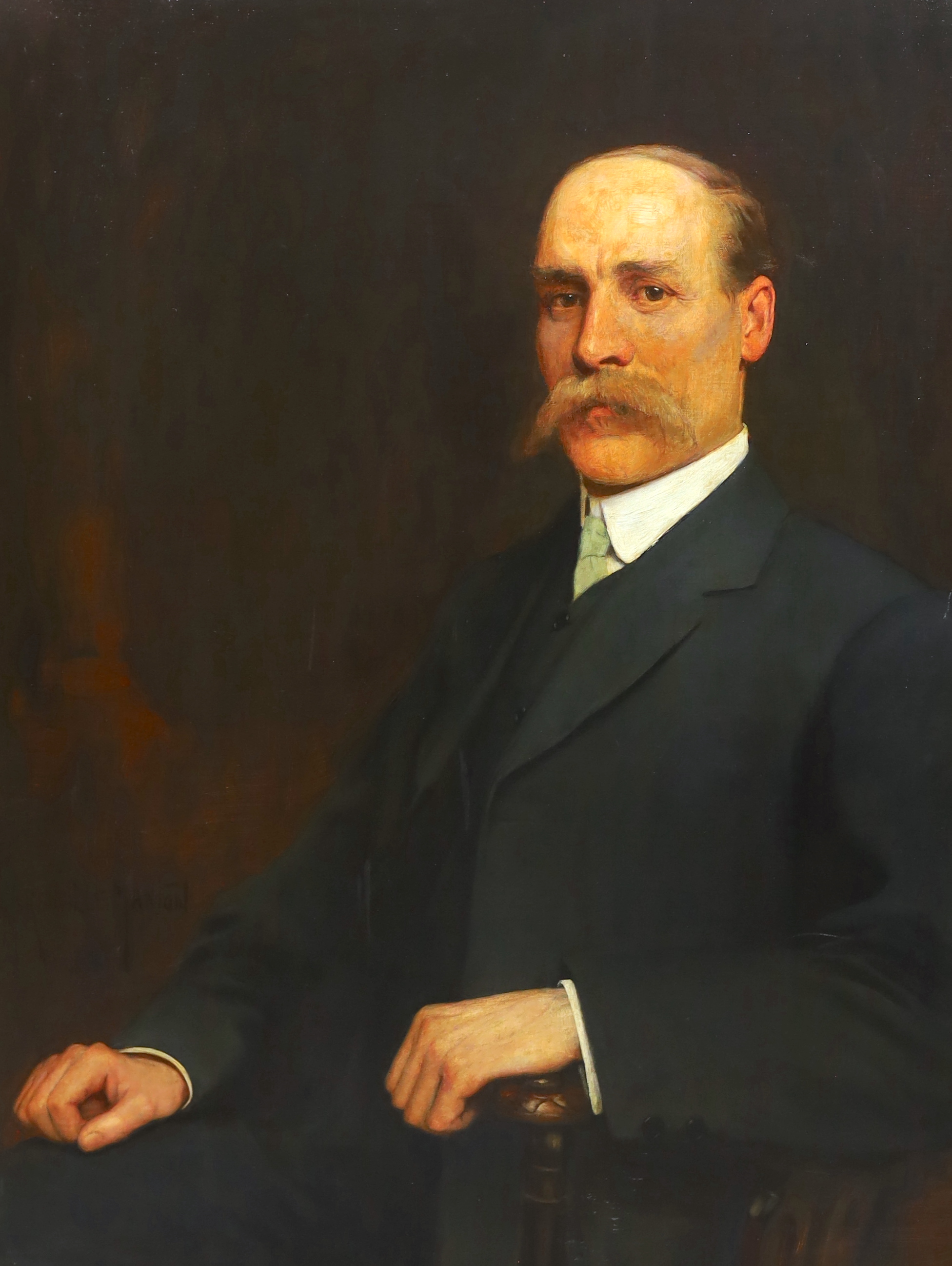 George Henry Grenville Manton (British, 1855-1932), oil on canvas, Portrait of a seated gentleman, said to have been connected to Harrow School, signed, 90 x 70cm